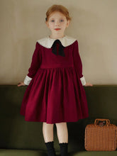 New Autumn/Winter Girls' Colorblock Floral Trim Retro Palace Style Dress, Unique Elegant Bow Princess Dress